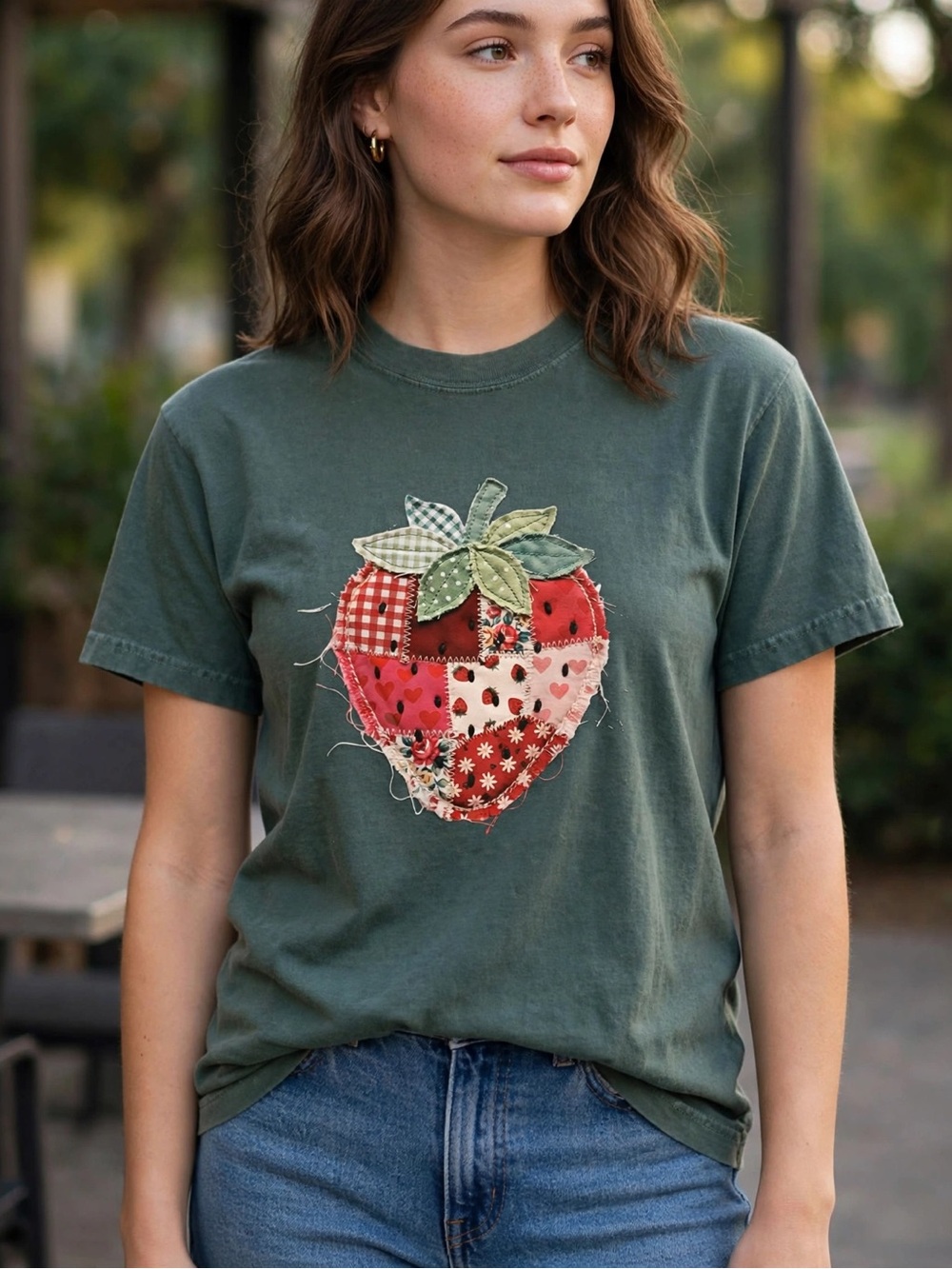 Teal Patchwork Strawberry Graphic Tee - Women's Short Sleeve Blue Spruce Small